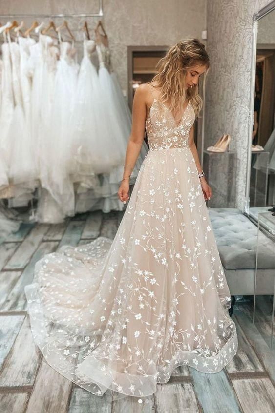 Champagne v neck tulle lace long prom dress champagne evening dress - VelvetHem