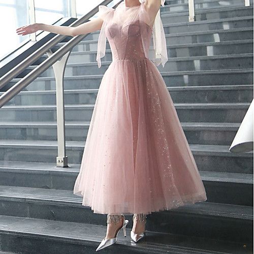 A-Line Empire Sparkle Prom Formal Evening Dress Illusion Neck Sleeveless Ankle Length Tulle with Bow
