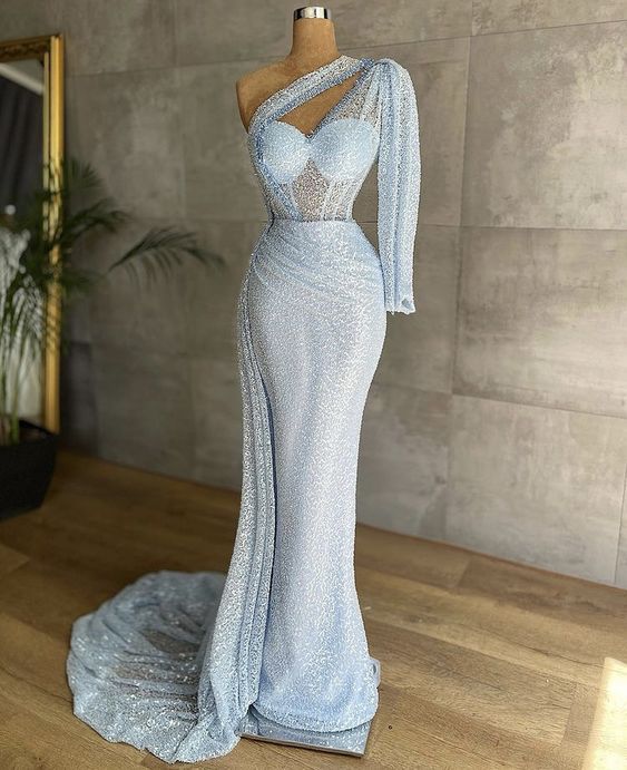 One Shoulder Mermaid Long Prom Dresses, Mermaid Long Formal Evening Dresses - VelvetHem