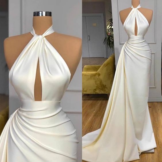 Off white evening dresses long halter satin simple elegant cheap formal party dresses