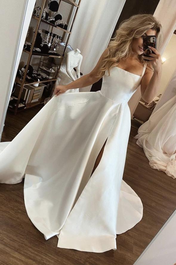 White satin long A line prom dress evening dress - VelvetHem