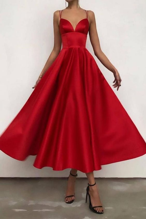 Spaghetti Straps Ruffles Satin Ruby Tee-Length Prom Dresses - VelvetHem