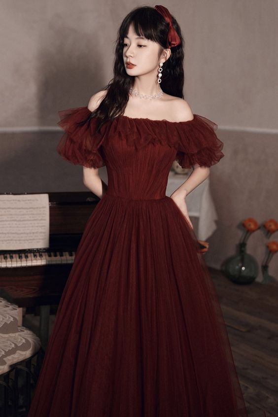 Burgundy tulle long A line prom dress evening dress