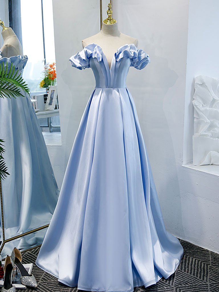 Blue A-line off shoulder long prom dress, formal dresses, blue evening dress