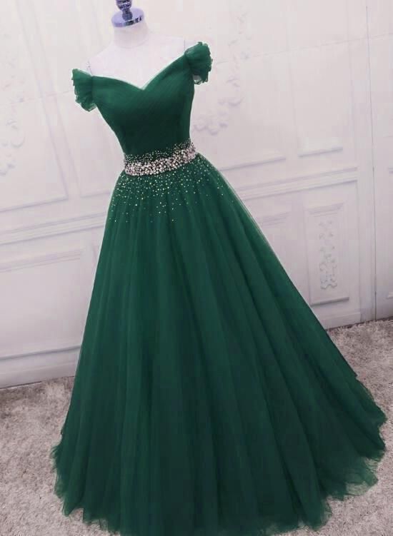 Gorgeous Dark Green Tulle Off Shoulder Long Party Dress, Prom Gown - VelvetHem