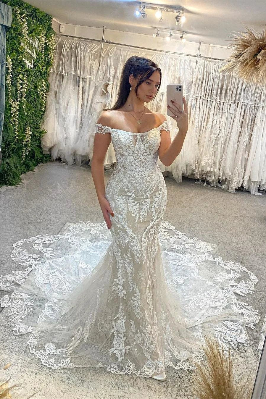 Trendy Floor Length Off-The-Shoulder Sleeveless Mermaid Lace Wedding Dress with Cathedral Train (ZD15761)