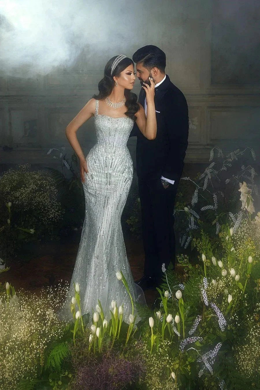 Trendy Floor Length Square Spaghetti Straps Sleeveless Mermaid Lace Wedding Dress (ZD15770) - VelvetHem