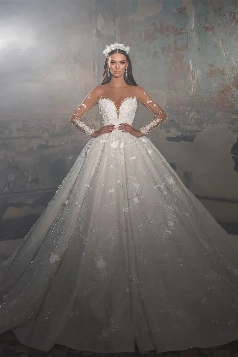 Trendy Floor Length V-Neck Long Sleeves A-Line Lace Wedding Dress with Appliques (ZD14787) - VelvetHem