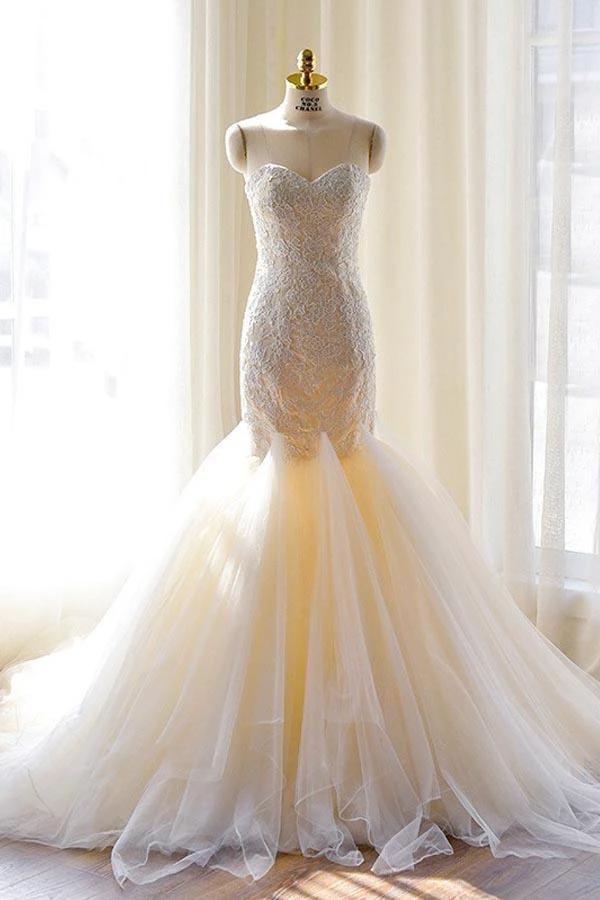 Tulle Mermaid Gorgeous Lace-Appliques Sweetheart Wedding Dress (ZD15420)
