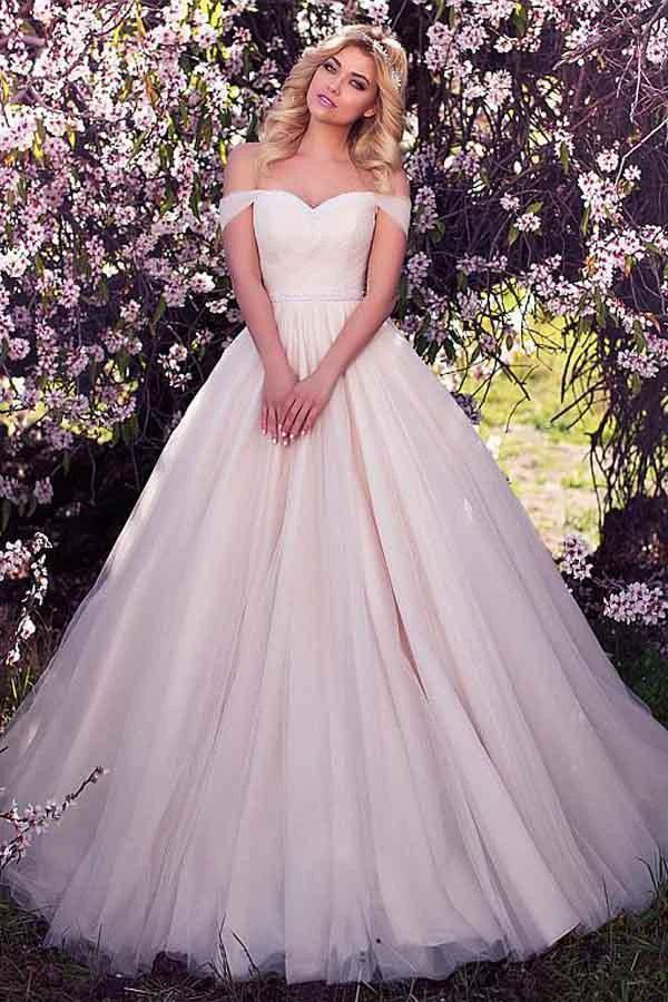 Tulle Off-the-shoulder Neckline A-line Wedding Dress With Beading (ZD15419)