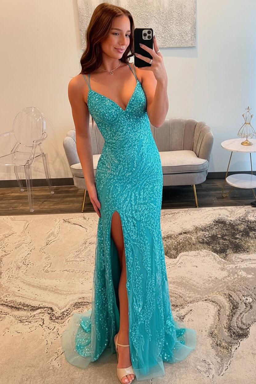 Suzhoufashion Silver Sequin Spaghetti Strap Mermaid Slit Prom Dress With Crisscross Lace-Up Back Formal Evening Gown