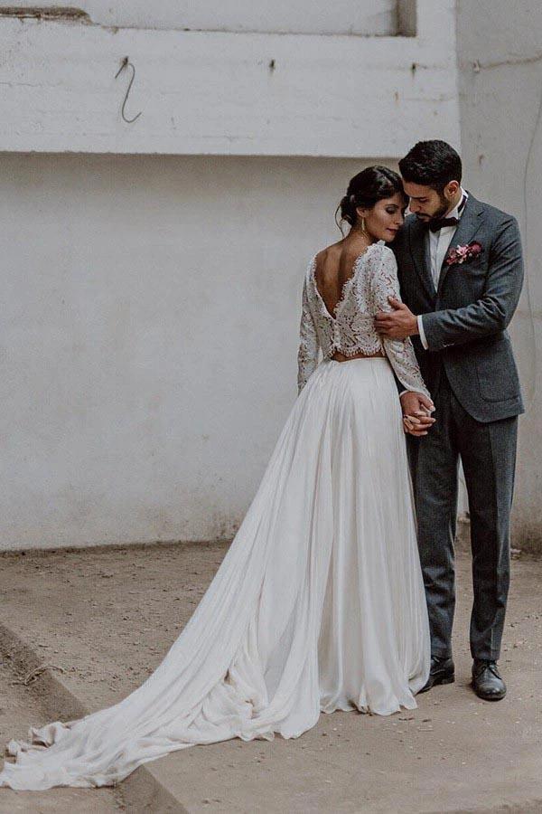 Two Piece Bateau Long Sleeves Chiffon Wedding Dress with Lace (ZD16021)