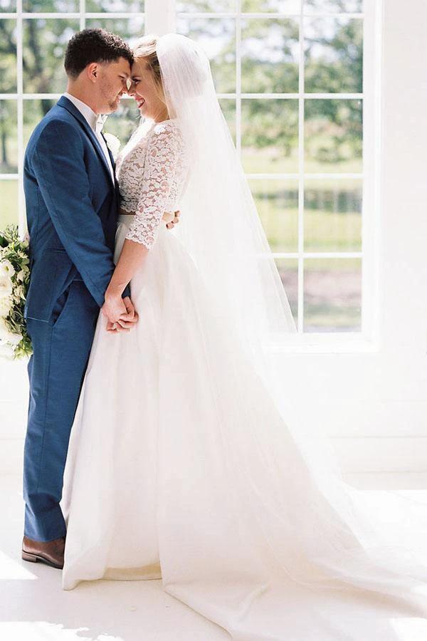 Two Piece Half Sleeves See-Through Wedding Dress with Lace Top (ZD15347)