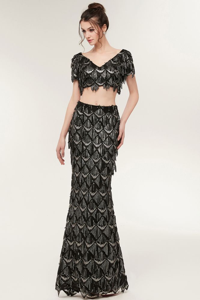 Two-piece Mermaid V-neck Short Sleeves Long Sequined Black Prom Dresses - VelvetHem