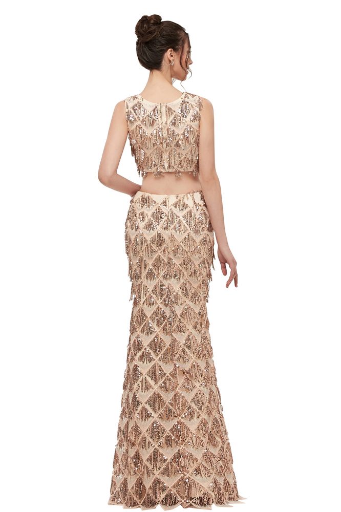 Two-piece Sleeveless Mermaid Floor Length Sequined Champagne Prom Dresses