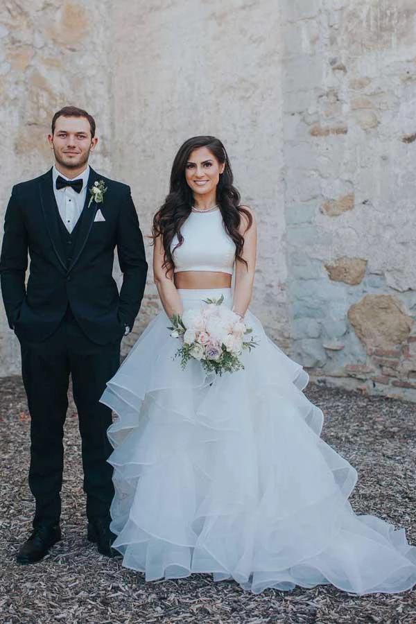 Two Piece White Wedding Dresses Ruffle Skirt A-line Wedding Dress (ZD15403)