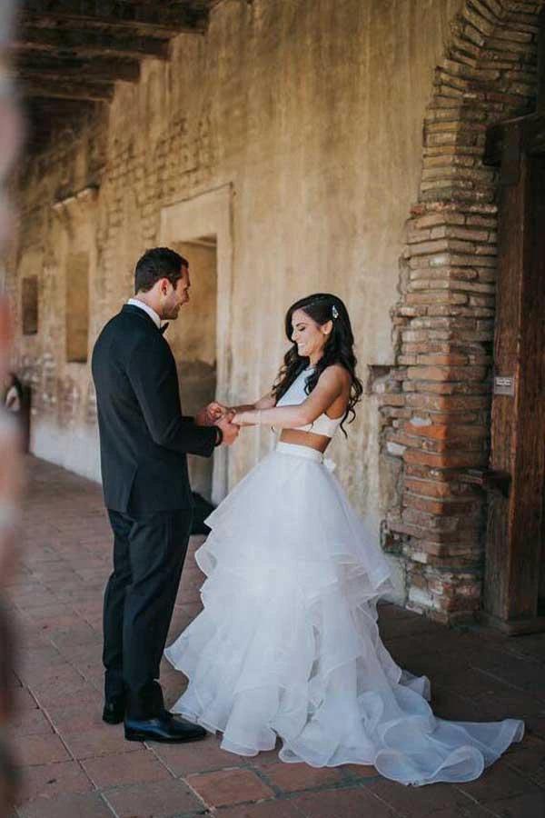 Two Piece White Wedding Dresses Ruffle Skirt A-line Wedding Dress (ZD15403)
