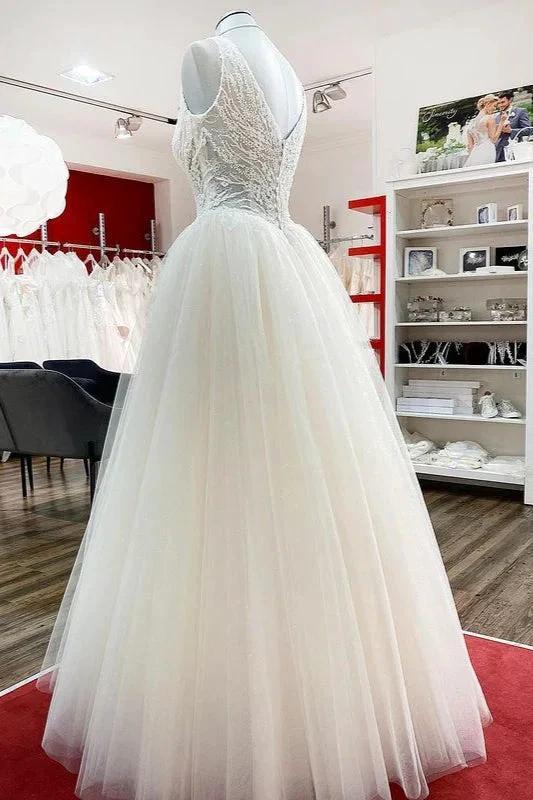 Unique Ivory Long Princess V-neck Tulle Lace Wedding Dress (ZD14274)