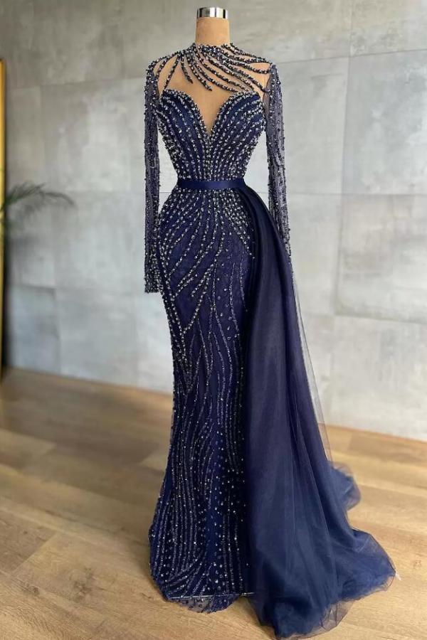 Unique Long Mermaid High Neck Tulle Prom Dress with Sleeves