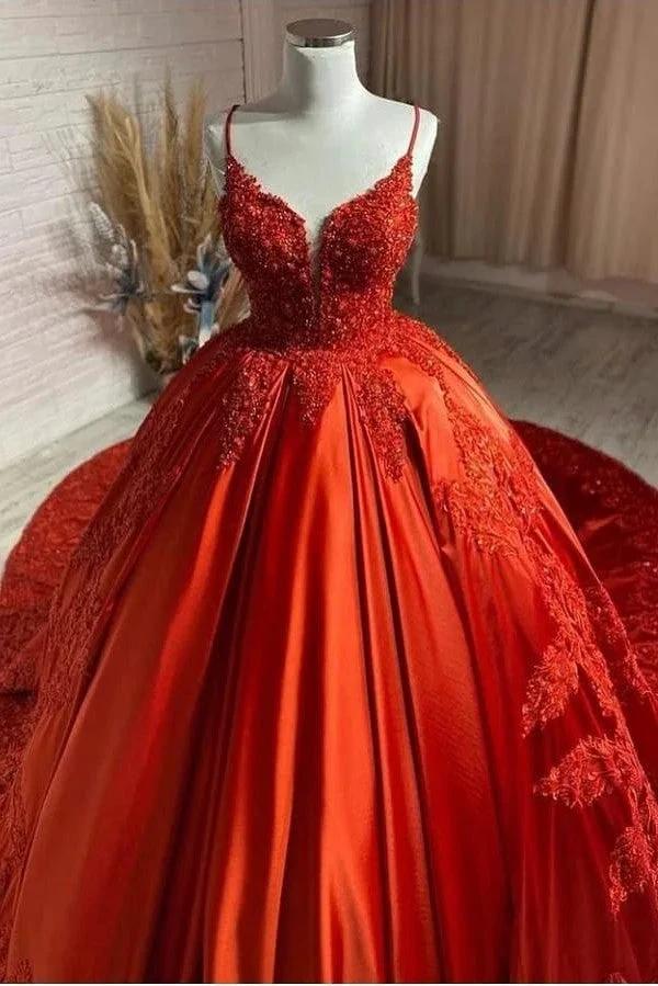 Unique Long Princess Sweetheart Backless Appliques Lace Satin Wedding Dress (ZD15090) - VelvetHem