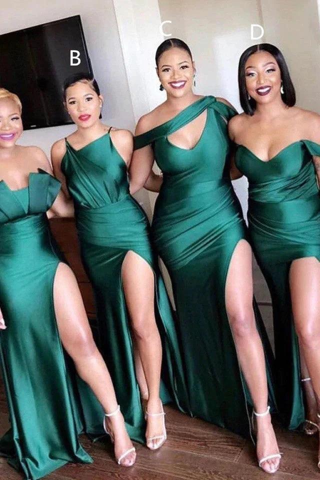 Unique Off-the-shoulder Strapless Emerald Green Elastic Satin Long Bridesmaid Dress (ZD13138) - VelvetHem