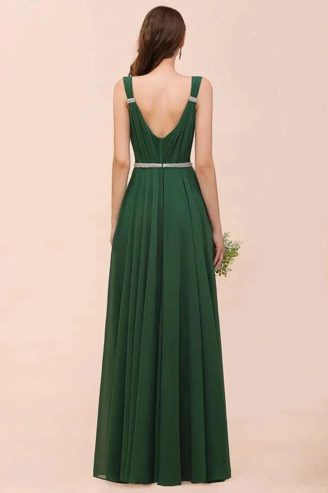 V-Neck A-line Dark Green Bridesmaid Dress Rhinestone Waist Belt (ZD13000)
