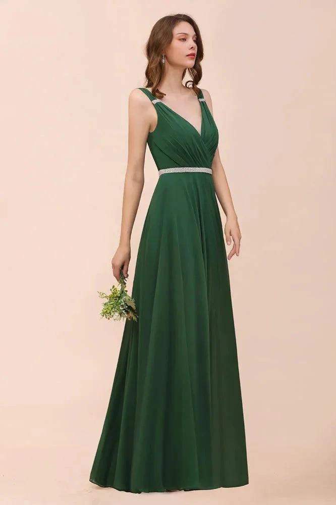 V-Neck A-line Dark Green Bridesmaid Dress Rhinestone Waist Belt (ZD13000)