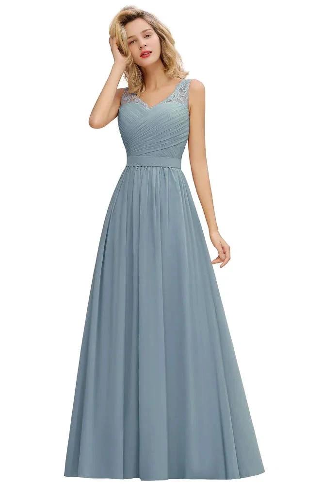 V-Neck Aline Ruffle Chiffon Bridesmaid Dress Sleeveless Floral Evening Swing Dress by misshow.com
