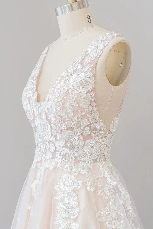 V-neck Appliques Tulle Floor length Wedding Dress (ZD13918)