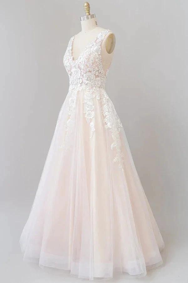 V-neck Appliques Tulle Floor length Wedding Dress (ZD13918)
