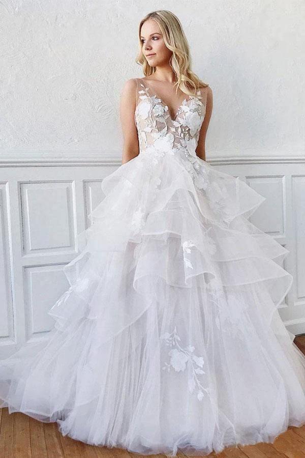V Neck Ball Gown Wedding Dresses Layered Skirt Wedding Dress (ZD15376) - VelvetHem