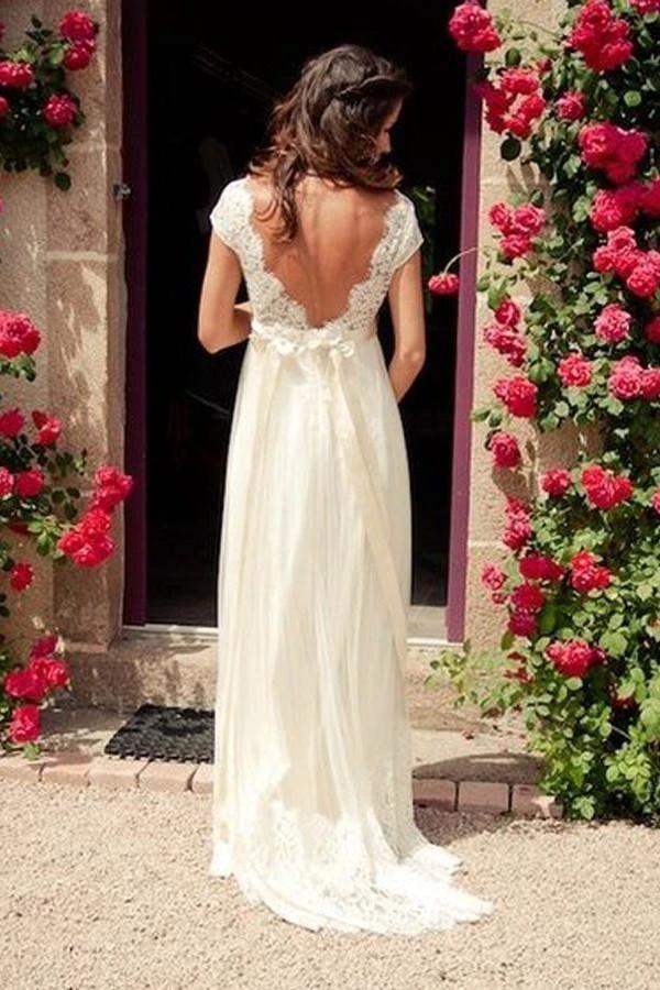 V-neck Cap Sleeves Sweep Train Backless Wedding Dress With Sash (ZD16304)