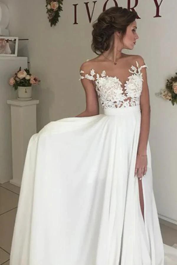V-neck Cap Sleeves Sweep Train Ivory Wedding Dress with Appliques (ZD16279)