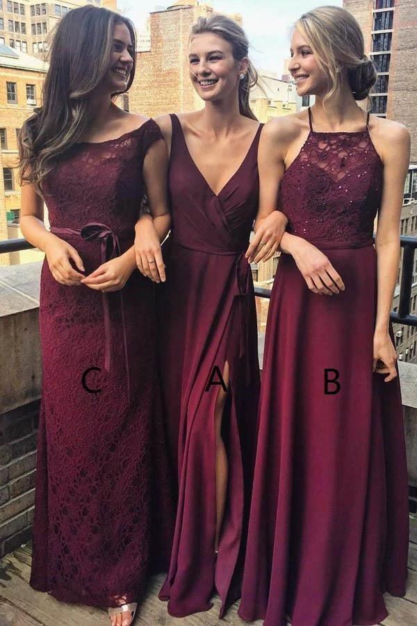 V-Neck Floor-Length Grape Chiffon Bridesmaid Dress wtih Split (ZD13214) - VelvetHem