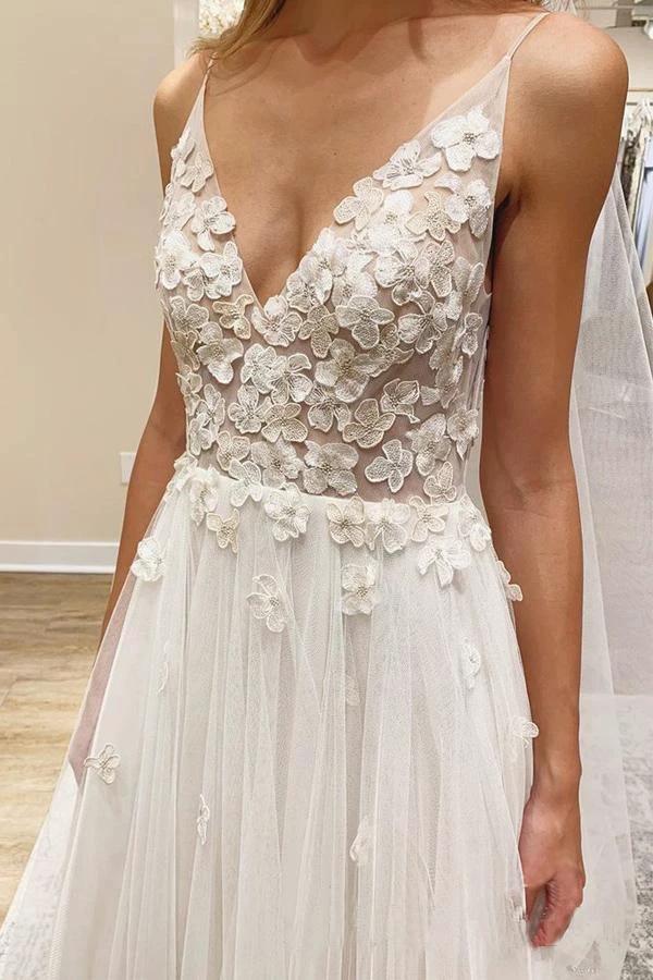 V Neck Ivory Vivid Flowers Wedding Dresses With with Unlined Bodice (ZD15298)