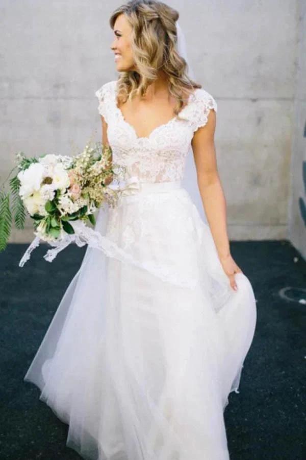 V-Neck Lace Tulle Cap Sleeve A-Line Wedding Dress (ZD16345)