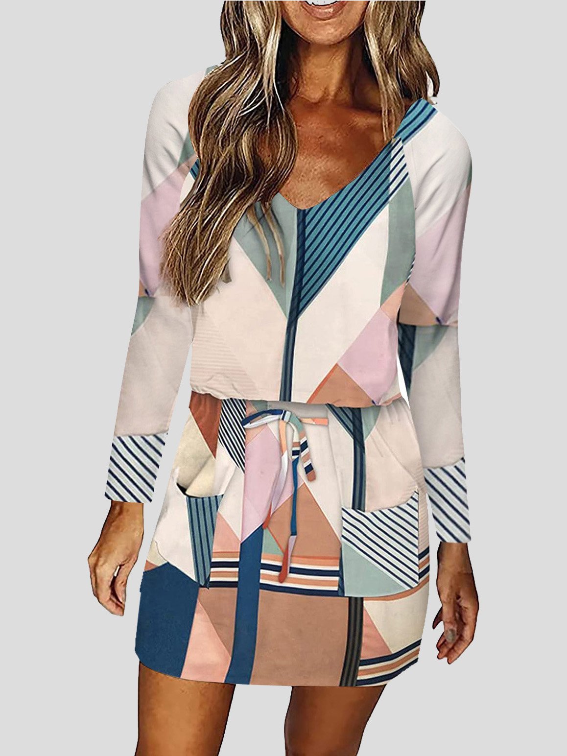 V Neck Lace Up Multicolor Printed Long Sleeve Dress