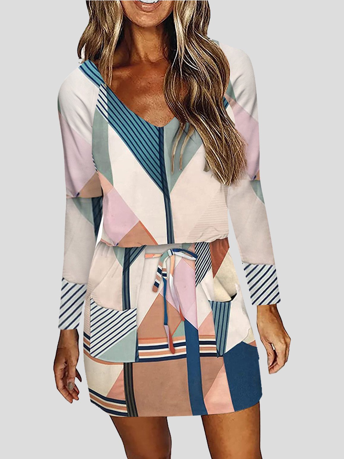 V Neck Lace Up Multicolor Printed Long Sleeve Dress
