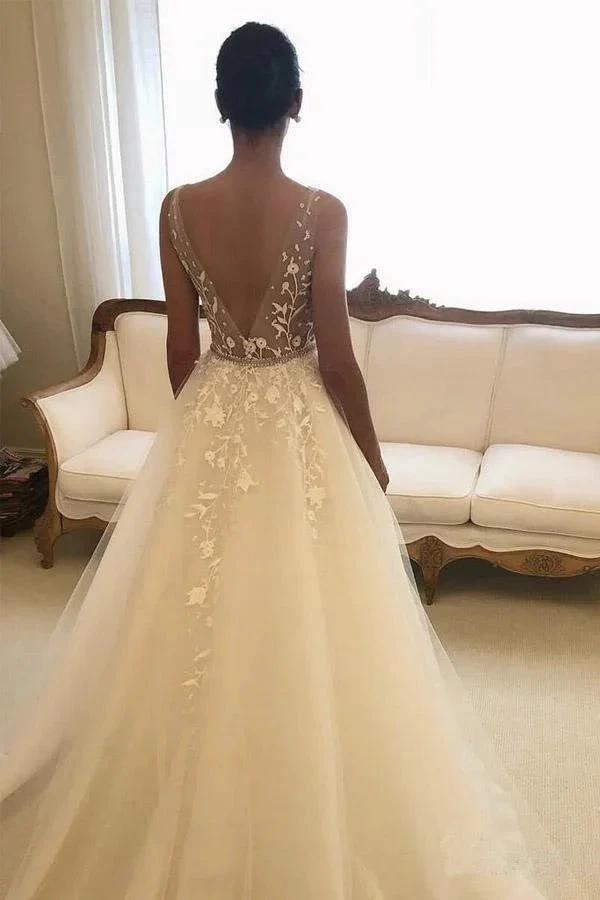 V Neck Lace Wedding Dresses Backless Rustic Wedding Dress (ZD16026)