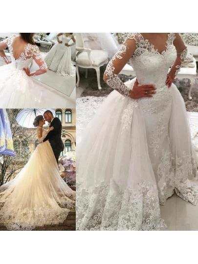 V-Neck Long Sleeves Appliques Watteau Train Wedding Dress (ZD15413)