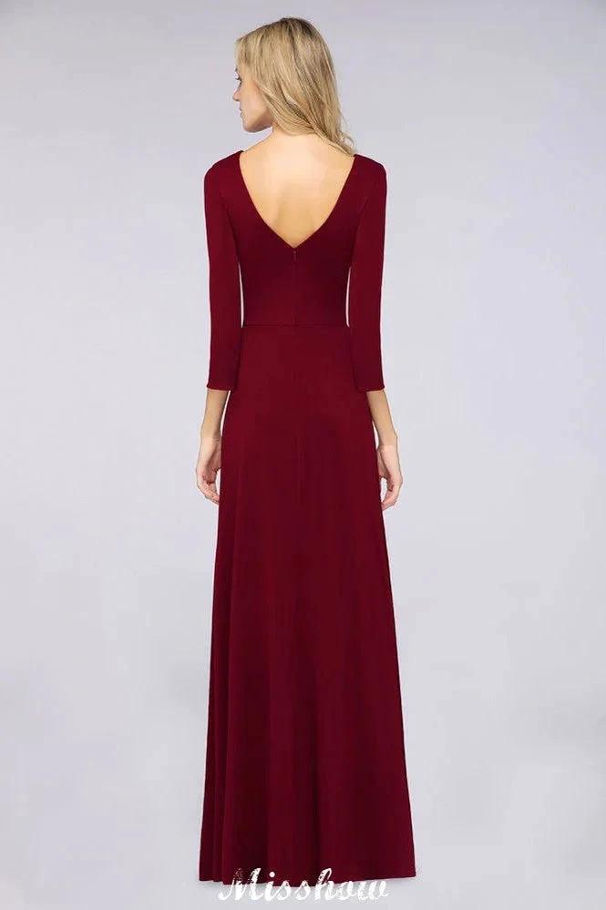V-Neck Long-Sleeves Side-Slit Floor-Length Bridesmaid Dress with Ruffles (ZD12905)