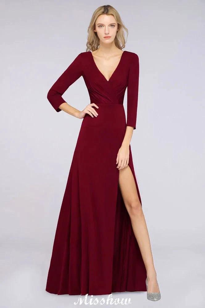 V-Neck Long-Sleeves Side-Slit Floor-Length Bridesmaid Dress with Ruffles (ZD12905)