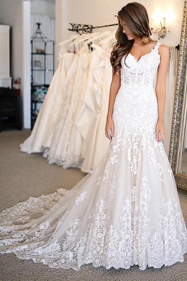 V Neck Mermaid Lace Wedding Dresses Bridal Gown With Sweep Train (ZD15282) - VelvetHem