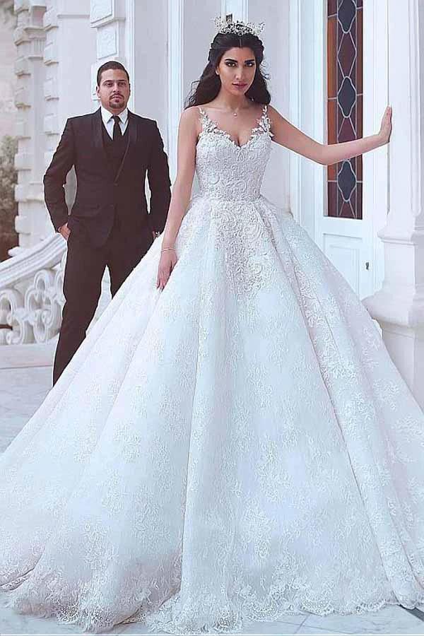V-neck Neckline Ball Gown Wedding Dresses With Lace Appliques (ZD15412)