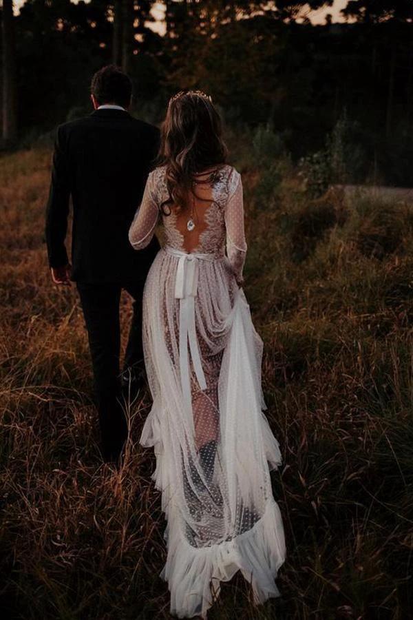 V-Neck Polka Dot Lace Open Back Long Sleeve  Boho Bridal Gown (ZD16323)