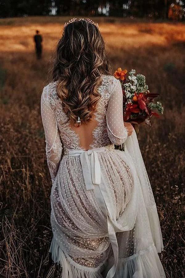 V-Neck Polka Dot Lace Open Back Long Sleeve  Boho Bridal Gown (ZD16323)