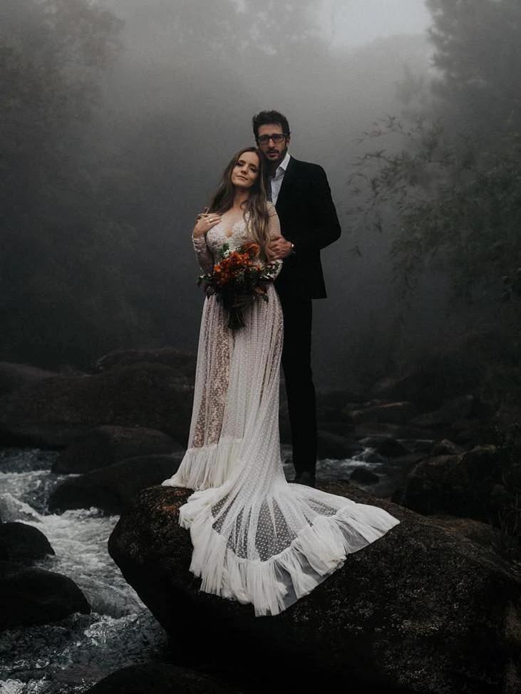 V-Neck Polka Dot Lace Open Back Long Sleeve  Boho Bridal Gown (ZD16323)