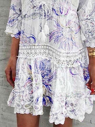 V Neck Printed Three Quarter Sleeve Casual Dress