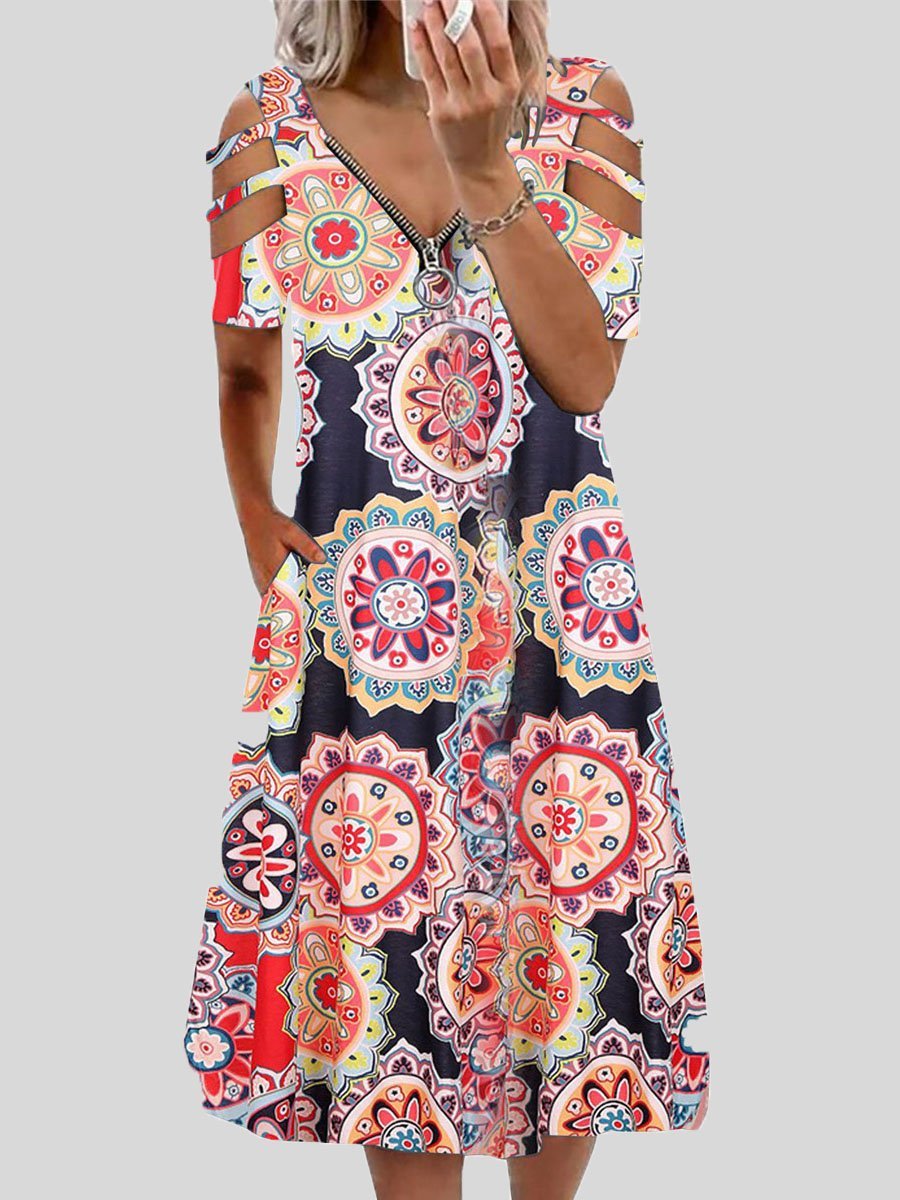V neck Printed Zipper Short sleeved Dress
