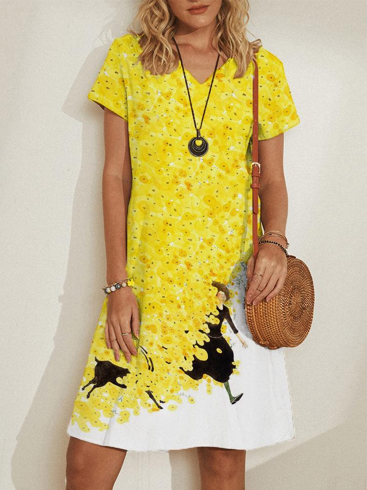 V neck Pullover Short Sleeve Loose Dress